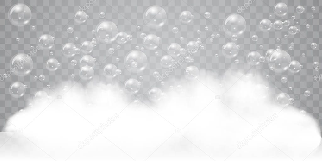 Soap foam with realistic bubbles background for your design. Bath laundry detergent or shampoo concept. Vector illustration.
