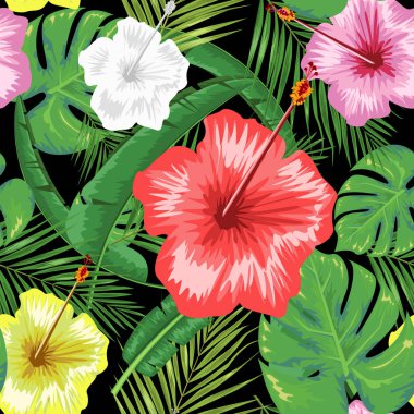 Egzotik soyut vektör orman ya da tropikal yaprak ve çiçek seamless modeli. Vektör çizim. Yaprak yeşil ve siyah arka plan.