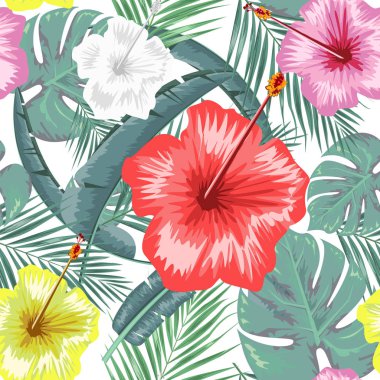 Egzotik soyut vektör orman ya da tropikal yaprak ve çiçek seamless modeli. Vektör çizim. Yaprak yeşil ve beyaz arka plan.