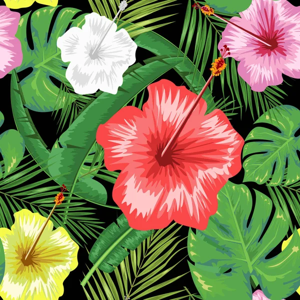 Egzotik soyut vektör orman ya da tropikal yaprak ve çiçek seamless modeli. Vektör çizim. Yaprak yeşil ve siyah arka plan. — Stok Vektör