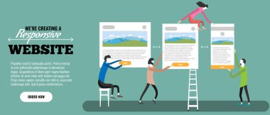 Web tasarımcıları creatign yanıt veren Web sitesi. Küçük insanların yapma sitesi. Vektör çizim.
