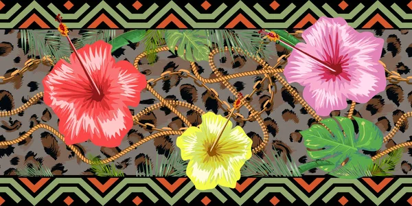 Yatay zincirleri tropik çiçekler ve leopar derisi ile sorunsuz. Yatay sorunsuz sınır. Vektör çizim. — Stok Vektör