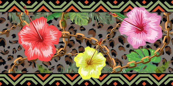 Horizontale Ketten nahtlos mit tropischen Blumen und Leopardenfell. horizontale nahtlose Grenze. Vektorillustration. — Stockvektor
