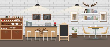 Boş kafe iç. Kahve dükkanı Bar sayacı katı ve düz renk stili ile. Vektör çizim