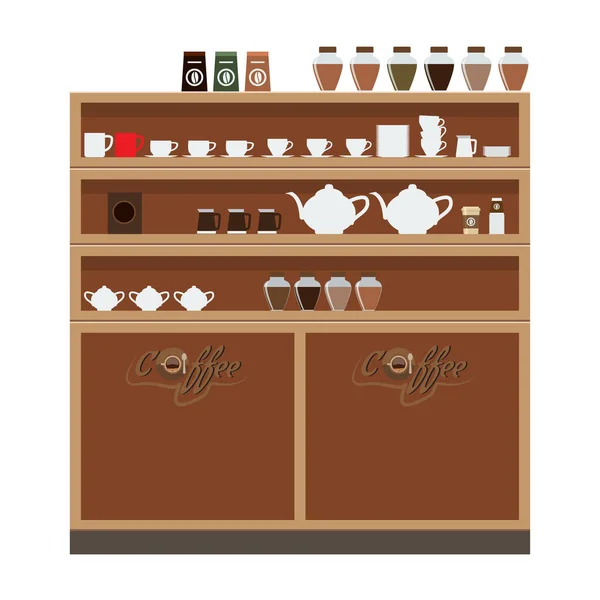 Kleiderschrank im Café oder Restaurant mit Tasse und Teekanne darauf. Vektorillustration. — Stockvektor