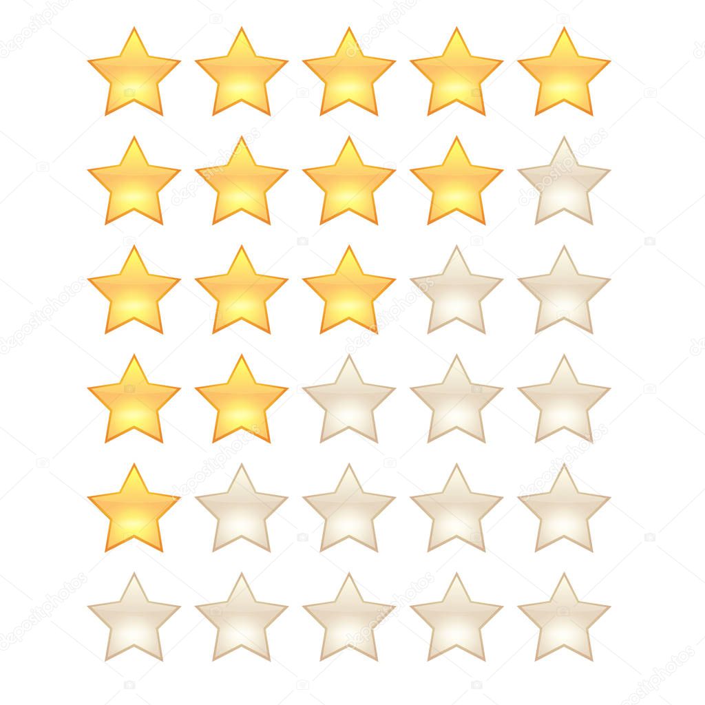 5 star rating template. Shining 3d realistic stars for your app. Vector illustration.