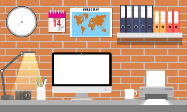 Ofis ekipmanları ile ofis iç. Office monitör, yazıcı, klasör Dünya Haritası vb. Vektör Illustration.