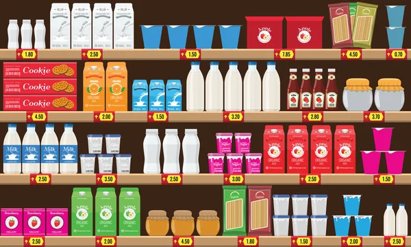 Supermarkt, Regal mit Lebensmittel- und Getränkeboxen. Preisschild auf Regalen. gerasterte Kopie — Stockfoto