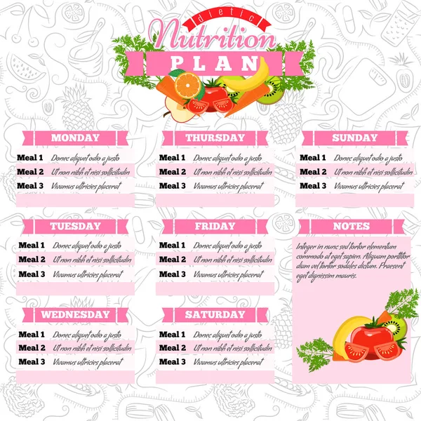 Planejamento da dieta saudável. Horário de alimentação saudável e plano semanal de refeições. Calendário diético. Ilustração vetorial . — Vetor de Stock