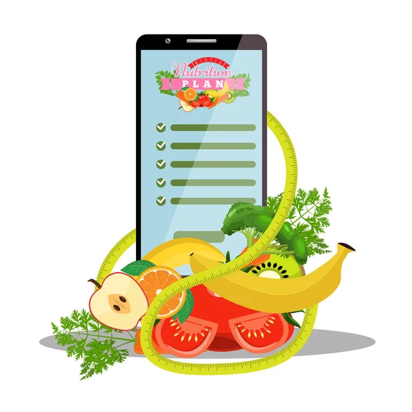 Smartphone avec application de plan de régime à l'écran et les fruits diétiques, légumes, ruban à mesurer à côté. Illustration vectorielle . — Image vectorielle