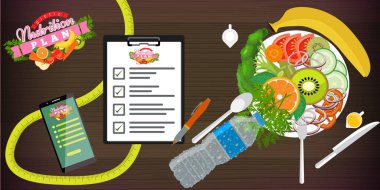 Gıda, diyet, sağlıklı yaşam ve kilo kaybı kavramı Banner şablonu. Salata, akıllı telefon ve diyet planı bir çanak. Vektör Illustration.