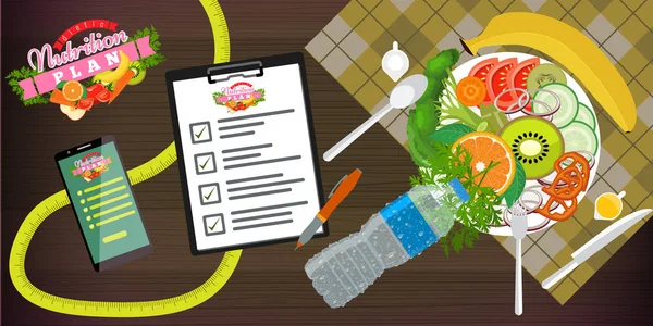 Gıda, diyet, sağlıklı yaşam ve kilo kaybı kavramı Banner şablonu. Salata, akıllı telefon ve diyet planı bir çanak. Vektör Illustration.