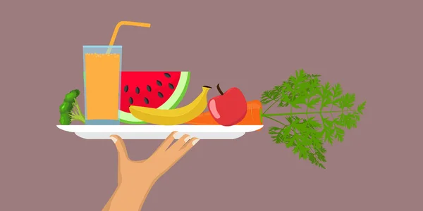 Hand holding tray met vol gezonde voeding, salade, fruit, groenten en glas sap. Dieet concept vector illustratie. — Stockvector