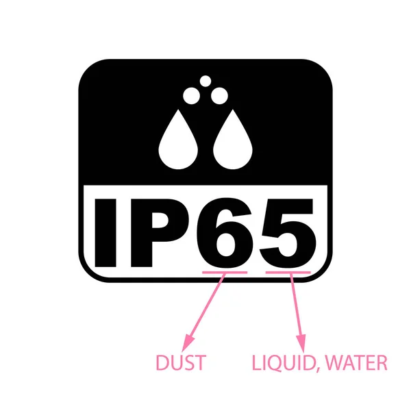Ip65 보호 인증서 표준 아이콘입니다. 물과 먼지 또는 고체 내성 보호 기호입니다. 벡터 일러스트. — 스톡 벡터