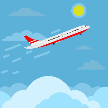 Uçak gökyüzüne yüksek ve üst yüksek bulutlar üzerinde uçan. Seyahat konsepti reklamları tasarımı. Vektör Illustration.