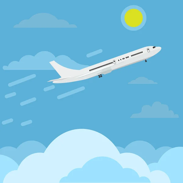 Avião voando no céu acima das nuvens cada vez mais alto para cima. Design de anúncios conceito de viagem. Ilustração vetorial . —  Vetores de Stock