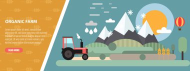 Düz tasarım dağ ve çiftlik çayır peyzaj ve traktör. Düz ve katı vektör çizim.