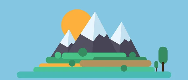 Paisaje de verano Montaña nevada pico y prado de campo verde con árboles. Ilustración de vector de color plano y sólido . — Vector de stock