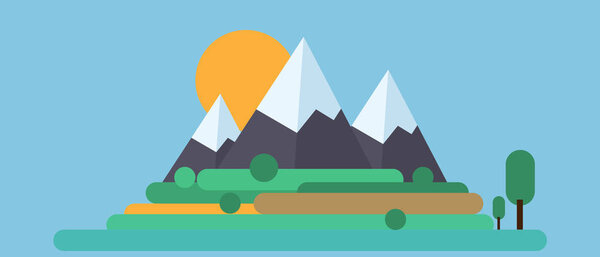 Summer Landscape Mountain snowy peak and green field meadow with trees. Flat and solid color vector illustration.