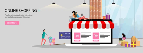 Online winkelen of online winkelconcept landing page sjabloon of banner met kleine mensen grote laptop creditcard. Platte kleur vector illustratie. — Stockvector
