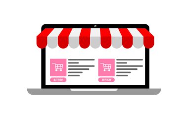 Üzerinde alışveriş sepeti simgeleri ile tente ve online e-ticaret sitesi ile Laptop. Online mağaza kavramı vektör illüstrasyon.