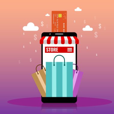 Büyük akıllı telefon ile çevrimiçi alışveriş veya çevrimiçi mağaza konsept reklamları şablonu. Düz vektör çizimi.
