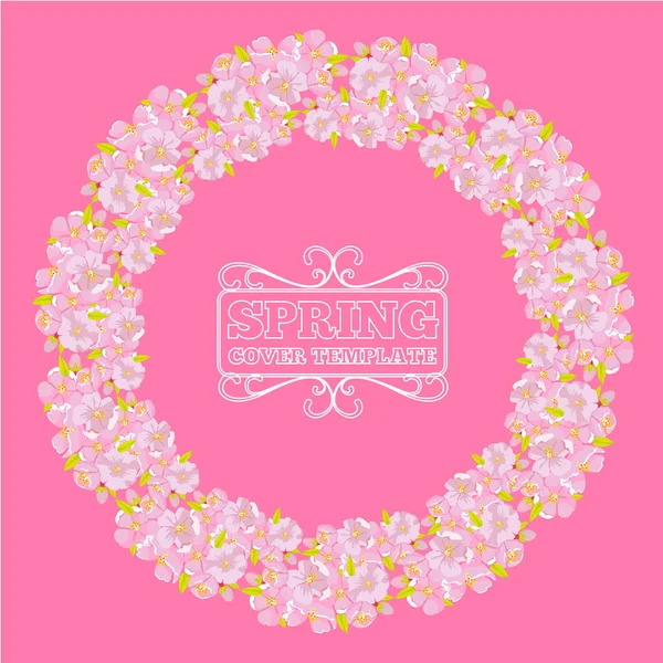 Cherry blossom wreath frame for invitation or greeting car design. Circle or round flower border. Vector illustration. — Stock Vector