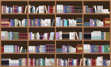Büyük Kütüphane kitap rafı. Düz renk Vektör çizimi.