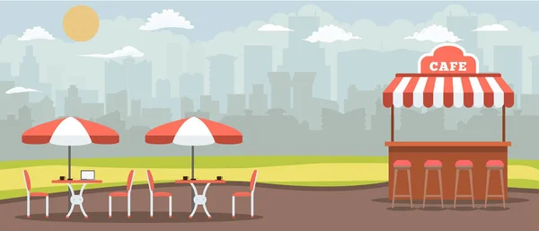 Café extérieur vide avec fond de paysage urbain. Street Cafe ou Restaurant Terrasse dans un parc. Illustration vectorielle . — Image vectorielle