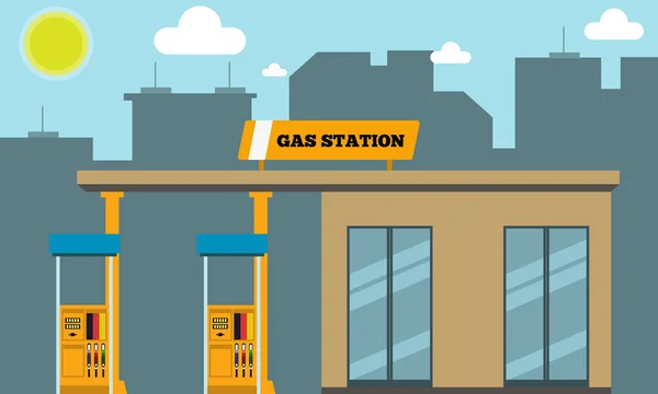 Gas påfyllnings station med stadsbilden silhuett i bakgrunden. Vektor illustration. — Stock vektor