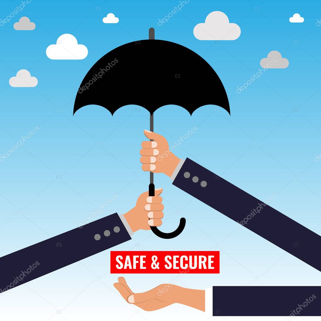 Two Hands holding umbrella. Two arms with umbrella. Protection and safety concept vector illustration.