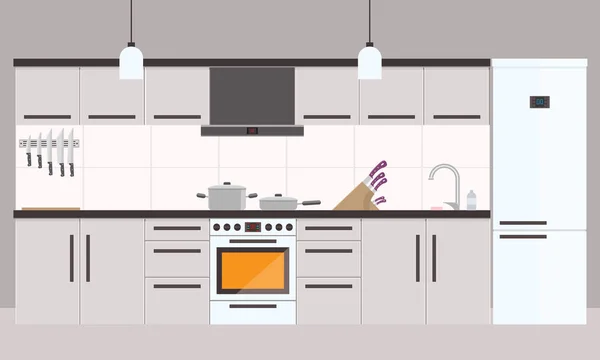 Kreskówka kuchnia wnętrz z lodówką, piekarnikiem i urządzeń do gotowania — Zdjęcie stockowe