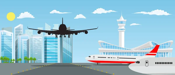 Edificio del aeropuerto y aviones con bonito paisaje urbano en el fondo. Ilustración vectorial . — Vector de stock