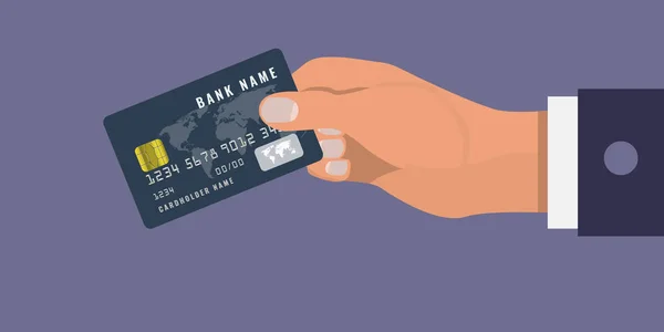 Cartão de crédito bancário na mão. Mão segurando cartão de crédito com vista lateral. Conceito de pagamentos financeiros e online. Ilustração vetorial — Vetor de Stock