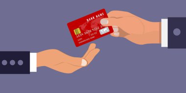 Bir işadamı el veren veya başka bir el bir banka veya kredi kartı sunuyor. Düz renk vektör çizimi.