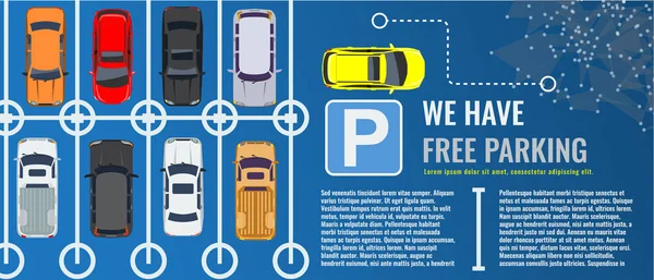 Parkeerplaats van de stad met een groep van verschillende auto's top uitzicht. Openbare parkeergarage. Platte vectorillustratie voor web of poster banner. — Stockvector