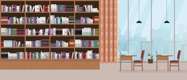 现代图书馆内部与盛大的书架和大窗户与城市景观的背景。向量例证. — 图库矢量图片