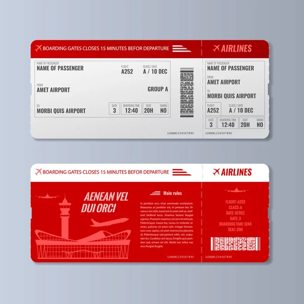 航空会社の搭乗券または航空券のデザインテンプレート。両面リアルベクトルイラスト. — ストックベクタ