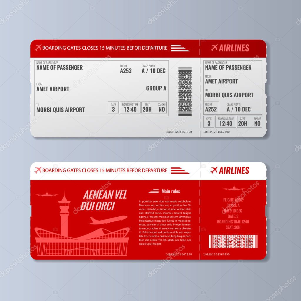 Airline boarding pass or air ticket design template. Double side Realistic Vector illustration.