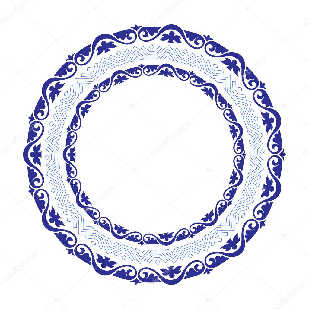 Decorative round frame border with antique baroque style for plate design. Vector illustration.