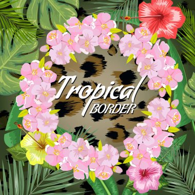 Tropikal zemin çerçeve veya kenarlık ile tropikal çiçek ve yaprakları ve metin ve Leopar deri arka plan için bir yer yaptı. Düz vektör çizim.