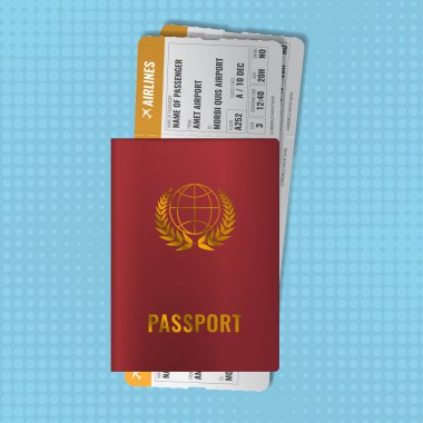 Uluslararası passport ile yatılı geçer. Kırmızı uluslararası pasaportu ile iki portakal uçak bileti. Gerçekçi vektör çizim.