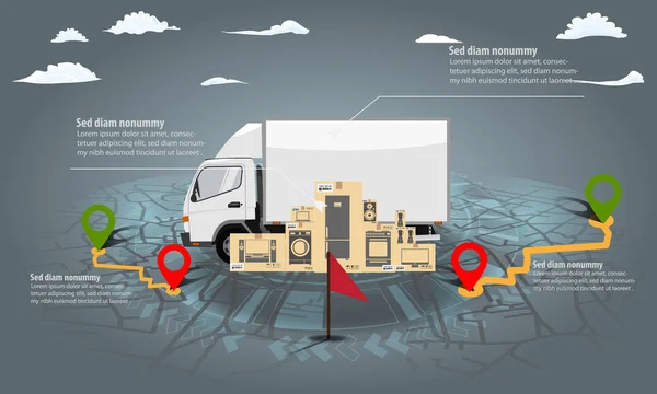 Cargo Delivery truck infographic met stapel kartonnen dozen. Navigatiekaart en HUD-grafiek achtergrond. Vector illustratie — Stockvector
