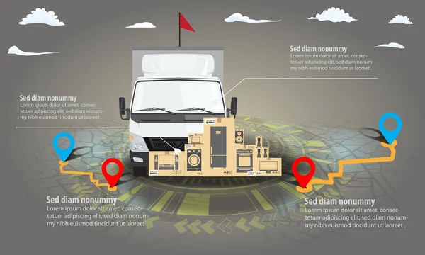 Infográfico de caminhão de entrega de carga com pilha de caixas de papelão. Mapa de navegação e fundo gráfico hud. Ilustração vetorial — Vetor de Stock