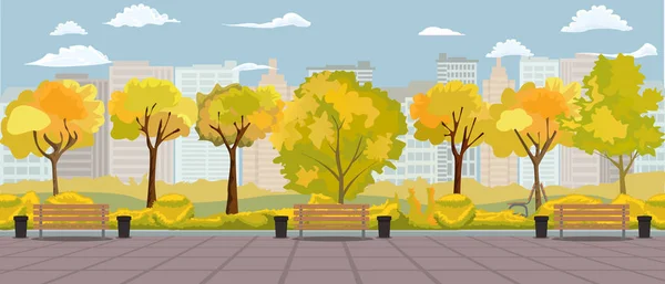 Dessin animé panorama parc d'automne avec banc passerelle et poubelles. Automne rue jaune arbre chemin paysage panoramique. Illustration vectorielle . — Image vectorielle