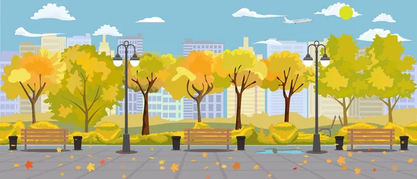 歩道のベンチとビンと漫画の秋の公園のパノラマ。秋の通り黄色の木のパスパノラマ風景。ベクトルイラスト. — ストックベクタ