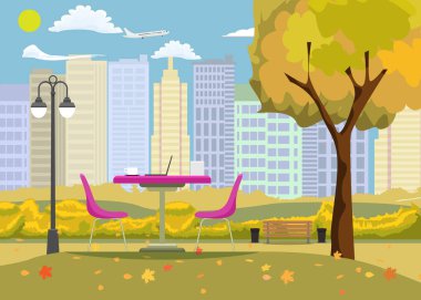 Cityscape arka plan ile bir parkta romantik sonbahar açık kafe. Masa ve ağacın altında iki sandalye. Vektör çizimi.