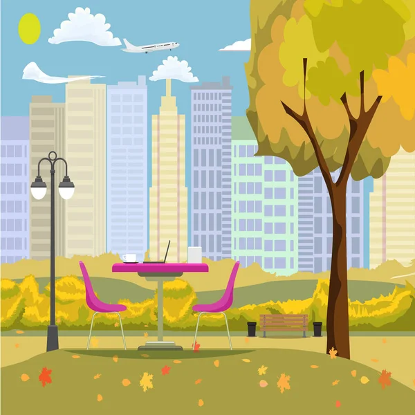 Café romantique en plein air d'automne dans un parc avec fond de paysage urbain. Table et deux chaises sous un arbre. Illustration vectorielle . — Image vectorielle