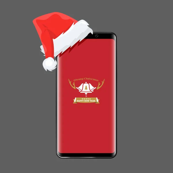 Smartphone se Santa Claus čepice na to pro vánoční on-line nákupní koncept. Mobilní telefon a novoroční design. Vektorová ilustrace. — Stockový vektor