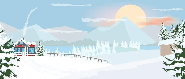 Beau paysage d'hiver horizontal avec sapin de montagne et arbre nu avec neige. Illustration vectorielle couleur plate et unie . — Image vectorielle